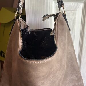 Jessica Simpson Tan Shoulder Bag with Soft Suede Material and Slouchy Hobo Style
